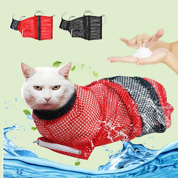 2 PCS Cat Grooming Bag, Mesh Restraint for Bathing and Nail Trimming, Red and Black, Adjustable