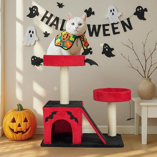Gothic Cat Tree Tower for Large Cats, Red and Black, 27.5 Inches, with Condo, Perches, Sisal Scratching Posts, Ladder, Spider Toy, Halloween Theme