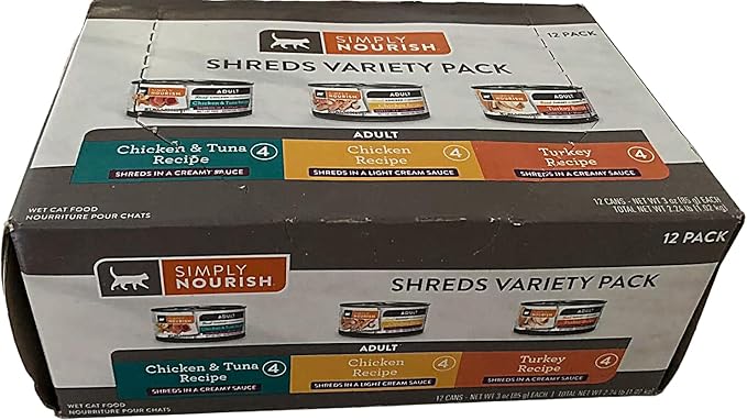 SIMPLY NOURISH Cat Canned Food. 1-12 Pack of Shreds Variety Pack. 4-Chicken & Tuna,4-Chicken Recipe, 4-Turkey Recipe Shreds in a Light Cream Sauce.12-3 Ounce Cans.