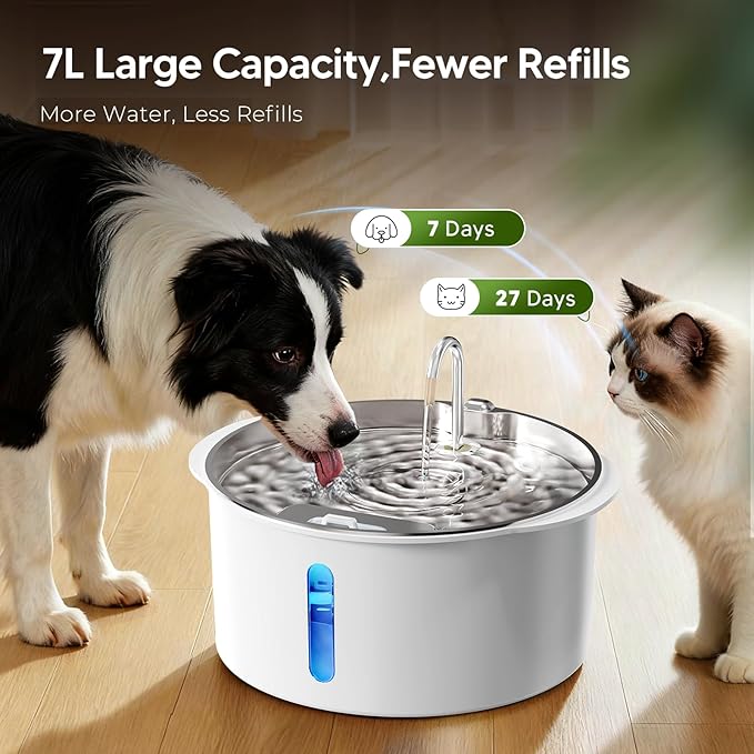Pektaco Dog Water Fountain for Large Dogs, 1.8Gal/7L Pet Water Fountain, Dog Water Bowl Dispenser with Viewing Window & LED, Super Quiet, Stainless Steel Tray Easy Clean BPA-Free