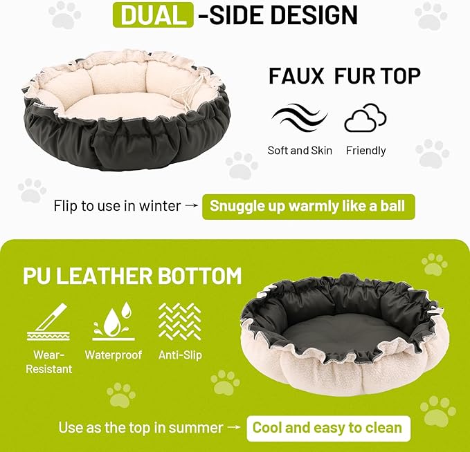 Cat Bed for Indoor Cats, 24.8 Inch Adjustable Small Dog Beds for Puppy & Kitty, Round Kitten Bed with Drawstring, Extra Soft & Machine Washable