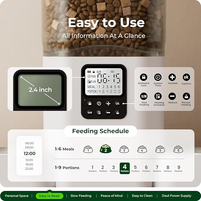 Timed Automatic Cat Feeder 2 Cats with Slow Feed: Dual Automatic Dog Feeder with Information Visualization, Programmable Auto Cat Food Dispenser for Multiple Pets,Detachable for Clean-29 Cup