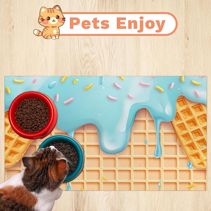 Ice Cream Dog Food Mat for Floors Absorbent Dog Bowl Mat for Food and Water Dispenser Quick Dry Cat Food Placemat Pet Supplies 24" x 32", Waffle