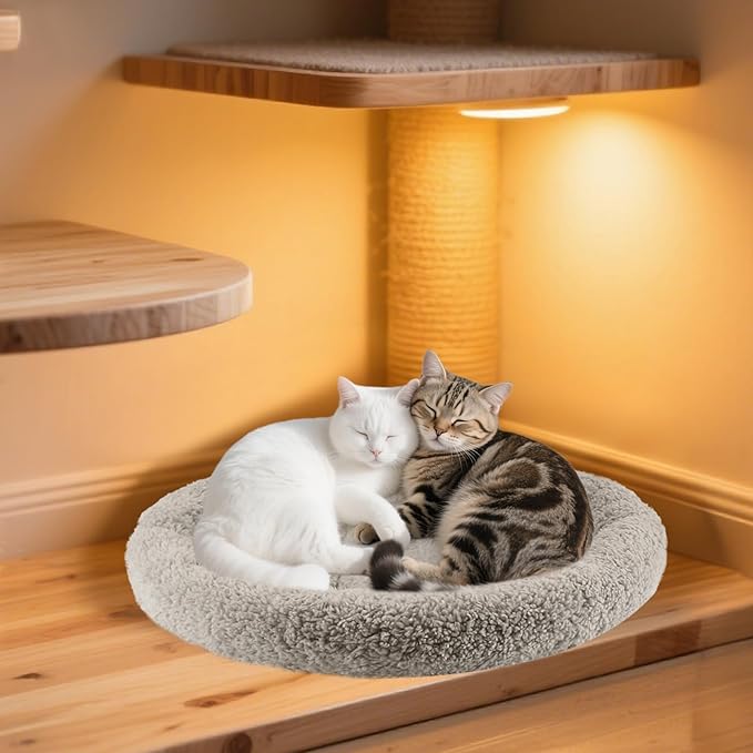 PETLESO Cat Bed Mat 19.5" Round Pad with Pillow Around, Warm Plush Cushion for Small to Medium Dogs Cats Sleep/Nap, Neck Protection Mattress, Non-Slip Washable, Large