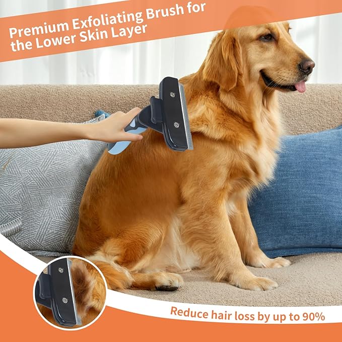 Pet Deshedding Tool, Self Cleaning Pet Grooming Rake, Deshedding Hair Brush with Stainless Steel Teeth and Rubber Handle, for Dog Cat Short Medium and Long Pet Hair (Large)