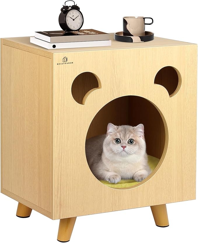 Cat End Table Aluminum Bed Table, Nightstand, Cat Litter Box Enclosure for Indoor and Outdoor with Cabinet Legs and Countertop, Weatherproof, Beige