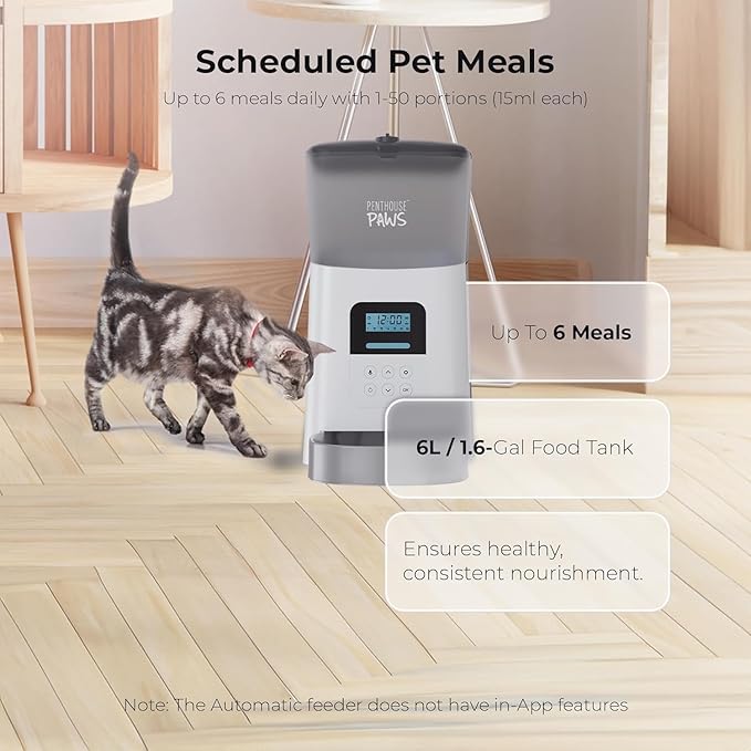 Penthouse Paws Automatic Cat Feeder 6L, Programmable Dry Food Dispenser with LCD Screen, Stainless Steel Bowl, Anti-Jam Design, Voice Recording, Battery Backup, Up to 15 Meals for Cat & Dog, White