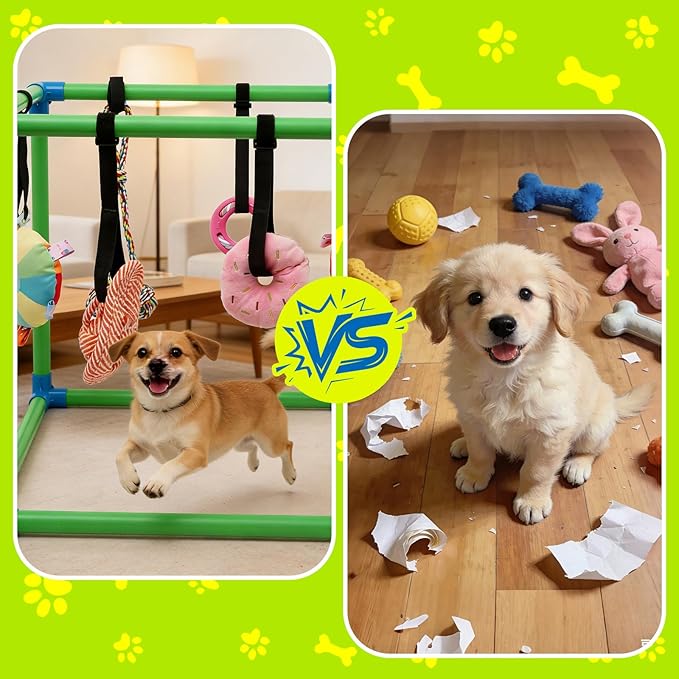 Puppy Play Gym with 8 Hanging Toys, Small Dogs Indoor Jungle Gym, PVC Frame with Bungee Straps Enrichment Activity Center