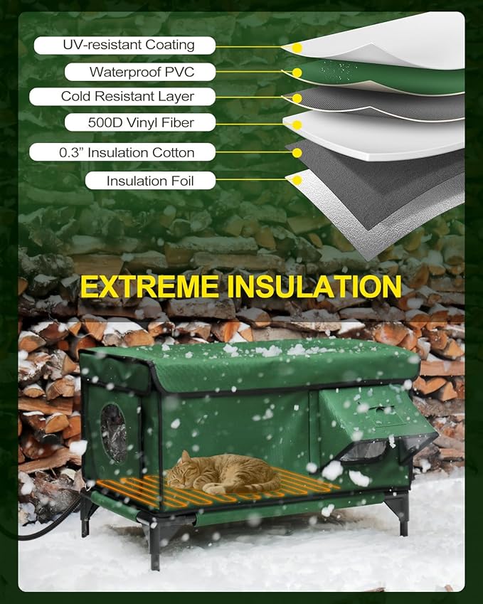 Heated Cat House for Outside,Dual Camera Mounts,100% Weatherproof & Extremely Insulated,Elevated Feral Cat Shelter with Escape Door,Waterproof Eaves for Outdoor Stray Barn Cat(Army Green,M)