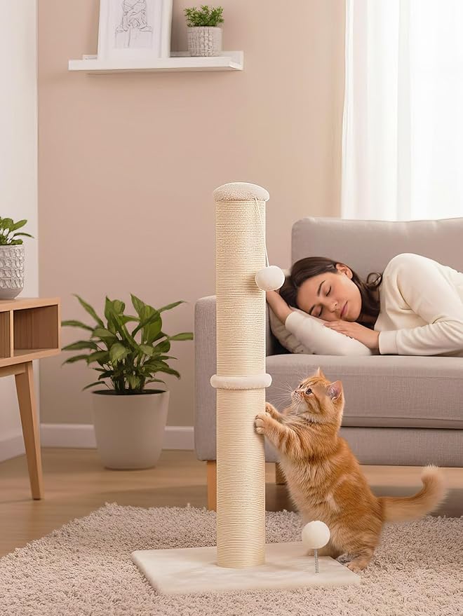 Cat Scratching Post 33-Inch Cat Scratching Post Natural Sisal Rope Mounting Methods Scratcher Tree Tower with Stable Base and Hanging Toy Balls for Indoor Cats and Kittens