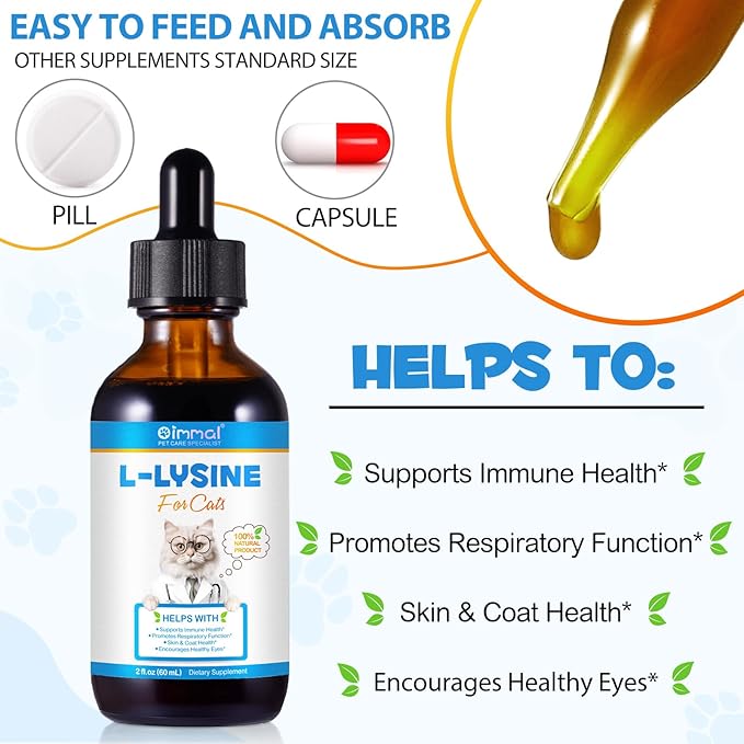 L-Lysine for Cats, Natural L-Lysine Supplement Supports Immune Health, Respiratory Function, Skin Care and Bright Eyes Cat Drops, Chicken Flavor, 2 Fl Oz