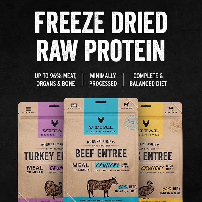 Vital Essentials Freeze Dried Dog Food, Raw Duck Crunchy Mini Nibs | Complete Meal or Topper | 96% Duck, Organs & Bone | Limited Ingredient, High Protein, Grain Free Dry Dog Food | 14 oz Bag