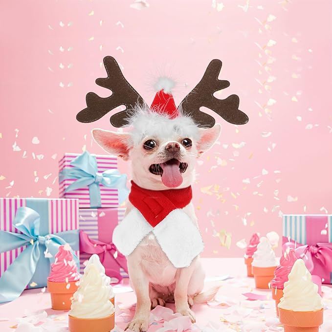 Pet Christmas Hat and Scarf Set with Reindeer Antler Headdress, Small Size Cotton Blend Xmas Costume Accessory for Puppies and Kittens Holiday Party Supplies