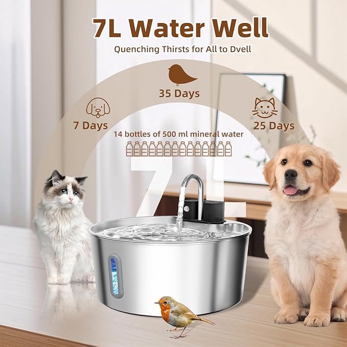Cordless Dog Water Fountain with Silicone Mat, 7L/236oz Stainless Steel Automatic Dog Water Dispenser for Large Dogs, Multi-Filtration Pet Fountain & Ultra-Quiet Pump