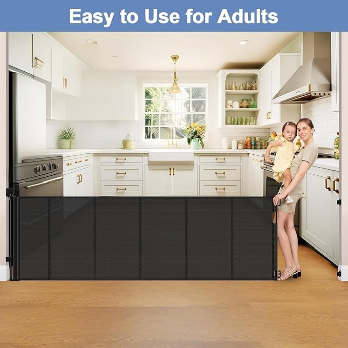 Reinforced 90 Inch Retractable Baby Gates Extra Wide Baby Gate with Reinforced Strips, 7.5ft Long Retractable Dog Gate for The House 33 Inch Tall Extra Long Pet Gates for Wide Openings, Black