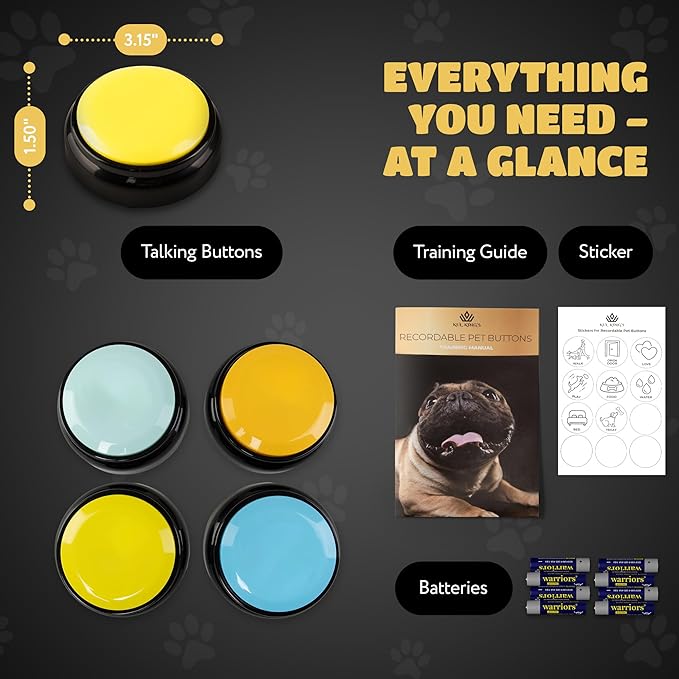 KUL KING'S Waterproof & Non-Slip Dog Command Buttons - 4 Recordable Buttons with Batteries, Stickers, Training Guide - Talking Dog Buttons for Communication