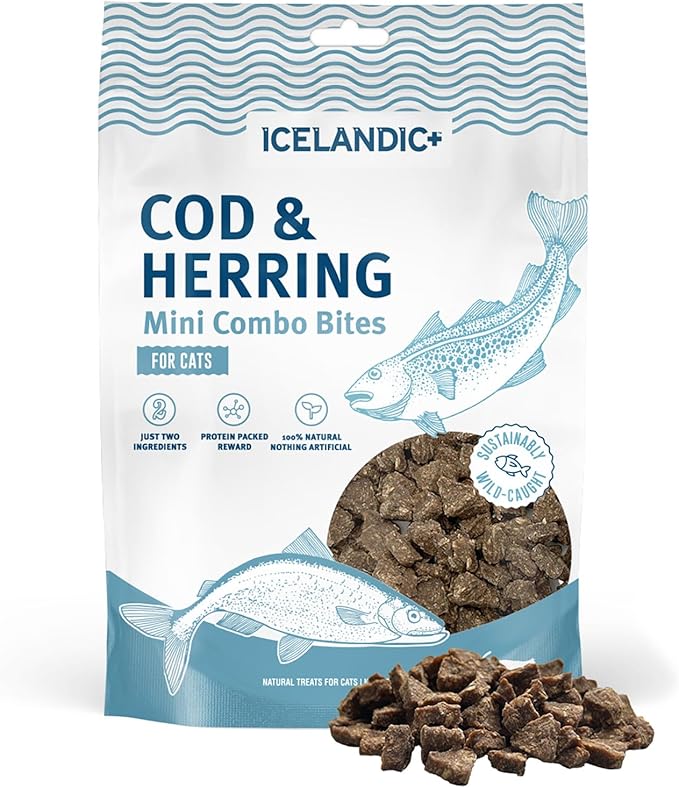 Icelandic+ Mini Combo Bites: Cod & Herring - 1.7oz Bag - Cat Treats, .25" Crunchy Bites, 2 Ingredient Natural Pet Snacks, No Fillers, Wild-Caught Fish
