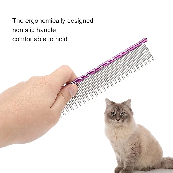 Pet Hair Removal Comb, Stainless Steel Cat Grooming Tool with Dual - Density Teeth, Open Knot Comb for Long and Short Haired Cats, Ergonomic Non - Slip Handle (Violet)