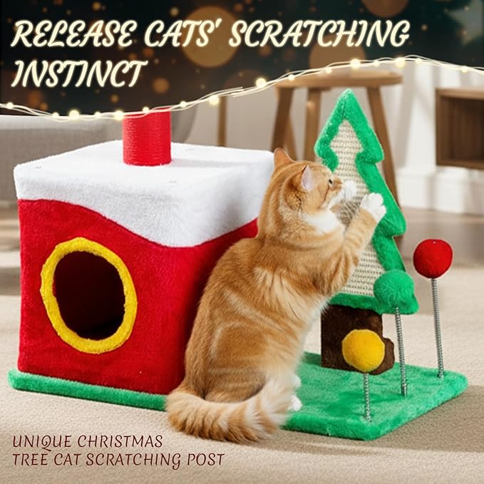 Outvita 29.5in Christmas Outvita Themed Plush Cat Tree, Multi-Level Cat Tower with Cat Condo, Top Crown Perch, Sisal Scratching Posts, Cat Pet Activity Center for Indoor Cats