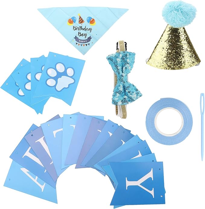 Dog Birthday Party Supplies Set with Hat Scarf Bow Tie, Reusable Pet Birthday Decorations for Small to Medium Dogs, Includes Streamers Ribbon and Pin for Photo Shoots