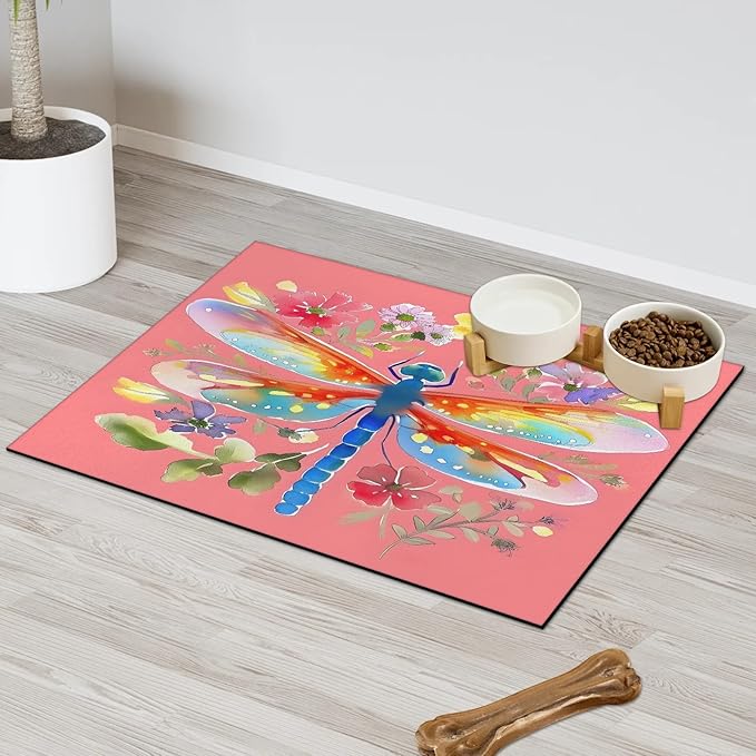 Dragonfly Dog Food Mat for Floors Absorbent, Quick Dry Water Dispenser Mat for Food, Water, Pet Supplies 12" x 20", Spring Flower