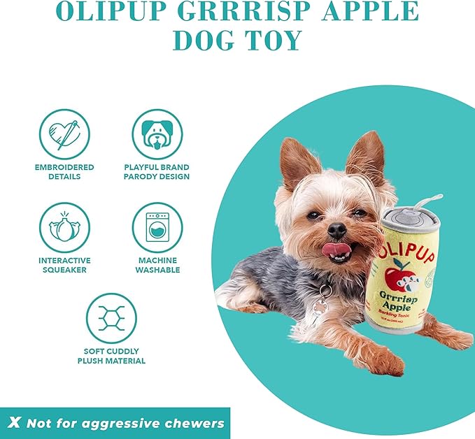 Haute Diggity Dog Olipup Grrrisp Apple Plush Dog Toy for Small, Medium & Large Dogs, Interactive Funny Parody Squeaky Toys, Soft, Durable, Machine-Washable, Safe & Cute Birthday Gift for Dogs
