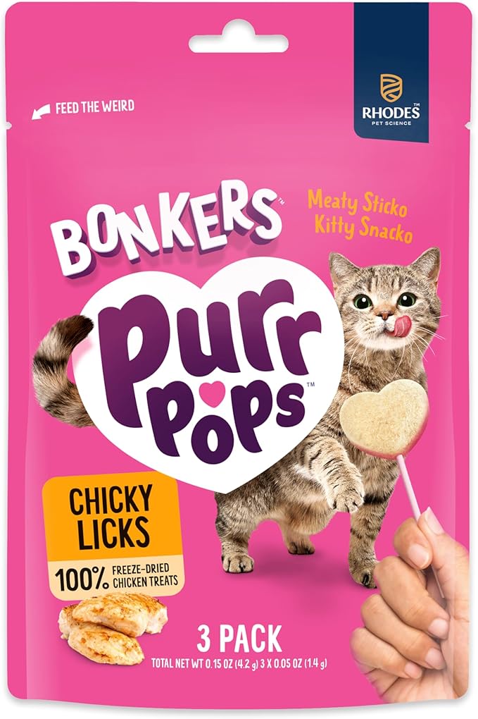 Bonkers Purrpops Freeze-Dried Chicken Flavored Lollipop Treats for Cats, 15 Pack