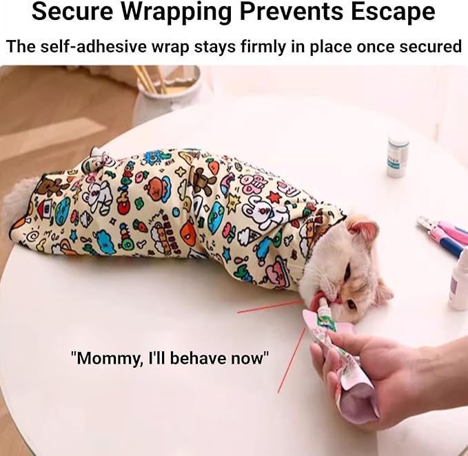 Cat Grooming Wrap, Self-Adhering Pet Wrap Soft Cat Swaddle for Cutting Nails Pet Restraint for Nail Clipping Anti-Scratch and Anti-Escape Calming Blanket (L (27.6×27.6in))