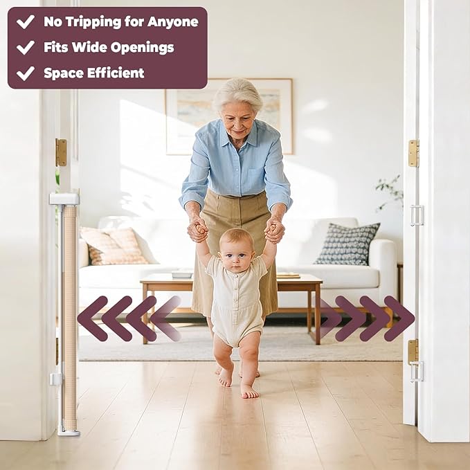 Retractable Baby Gates for Doorways, 58" Extra Wide Mesh Child Dog Gate for Stairs, 34" Tall Toddler Pet Gate Indoor and Outdoor, Easy Install, Essential for Home Safety, Beige