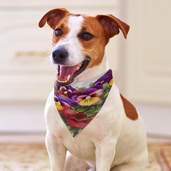 Dog Bandana Spring Pet Scarf Adjustable Triangle Pansy Perfection Printing Dog Bib Washable Polyester Puppy Bandana for Small Medium Large Dogs Cat Birthday Party Supplies