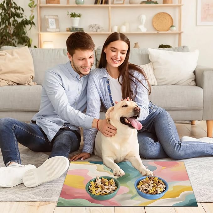 Pink Green Marble Dog Food Mat for Floors Absorbent, Quick Dry Water Dispenser Mat for Food, Water, Pet Supplies 12" x 20", Modern Abstract