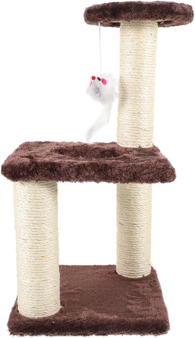 3-Layer Sisal Cat Scratching Post with Mouse Large Vertical Cat Tree for Indoor Multi-Level Activity Scratcher and Climbing Platform in Coffee Color