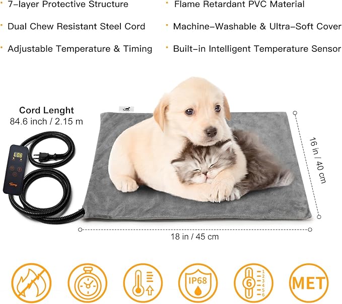 Toozey Small Pet Heating Pad, 6 Adjustable Temperature Dog Cat Heating Pad with Timer, Waterproof Heated Cat Bed with Chew Resistant Cord, Indoor Electric Pet Heated Mat 18x16in