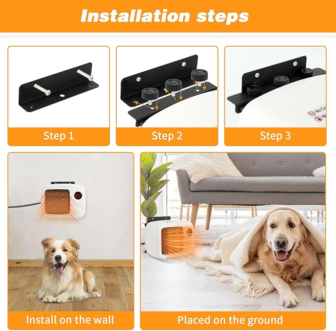 Dog House Heater with Thermostat,Wall-Mounted Dog Heater with 6.5FT Bite Proof Wire,Heaters for Dogs House with Safe Overheat Protection(2 Heating Mode200W/400W)-White