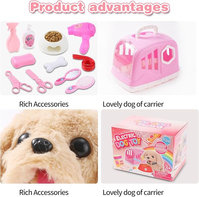 14PCS Dog Toys for Kids, Walking Barking Electronic Interactive Plush Puppy Toy with Carrier and Accessories, Pet Care Toy Set for Kids, for Girls and Boys 3 4 5 6+ Year Old