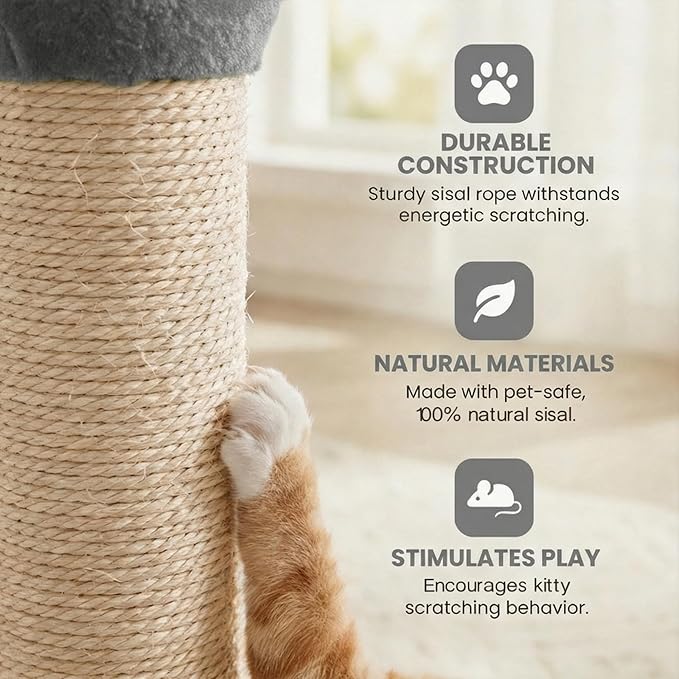 Cat Scratching Post for Small Space, 22'' Scratching Posts for Indoor Cats Adults, Extra Wide 13.4" Stable Base & Natural Sisal, Cute Cat Scratching Post with Short Plush Fabric for Large Cats, Gray
