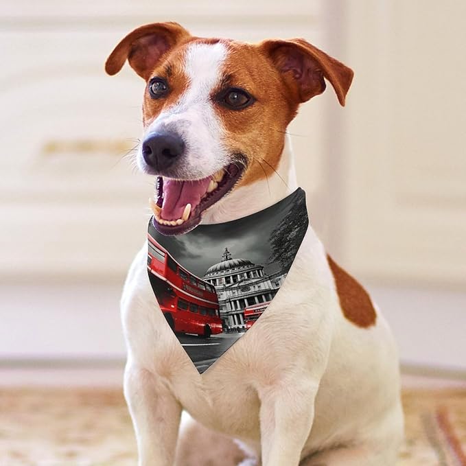 Dog Bandana Spring Pet Scarf Adjustable Triangle Red Bus Printing Dog Bib Washable Polyester Puppy Bandana for Small Medium Large Dogs Cat Birthday Party Supplies