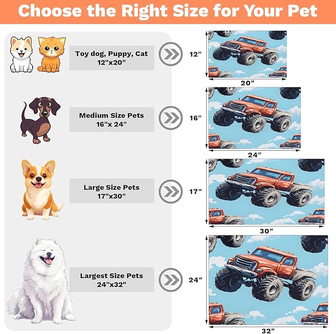 Truck Cars Dog Food Mat for Floors Absorbent, Quick Dry Water Dispenser Mat for Food, Water, Pet Supplies 16" x 24", Cool Vehicle