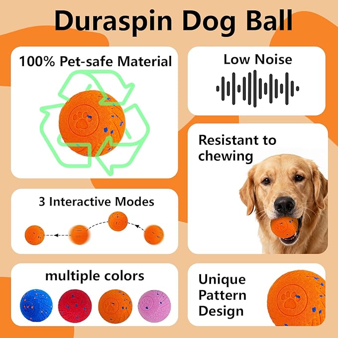 Smart Dog Ball: Automatic Bouncing, Vibration and Jumping Action Interactive Toy, Durable Duraspin for Aggressive Chewers, Rechargeable, for Indoor & Outdoor Use Orange.