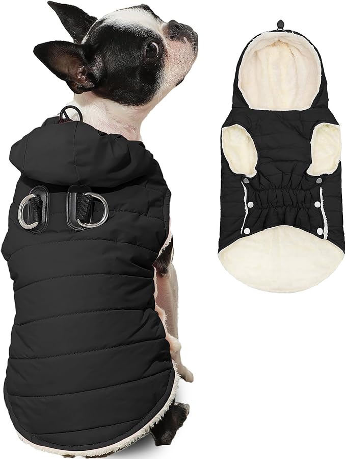 Fleece Lining Dog Hoodie with Harness Built in,Extra Warm Medium Dog Jacket in Winter Doggie Coats with Drawstring Hooded,Black L