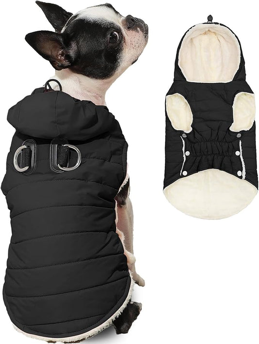 Fleece Lining Dog Hoodie with Harness Built in,Extra Warm Small Dog Jacket in Winter Puppy Coats with Drawstring Hooded,Black M