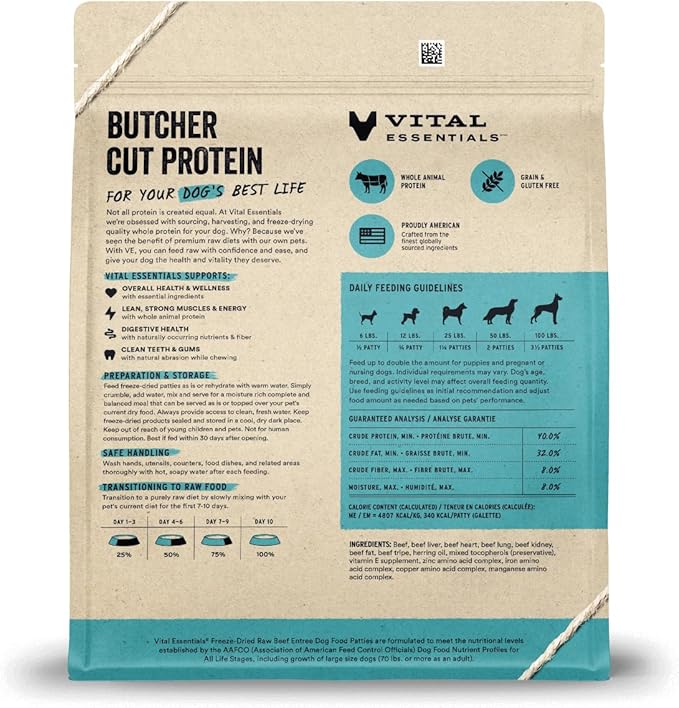 Vital Essentials Freeze Dried Dog Food, Raw Beef Patties | Complete Meal or Topper | High Protein, Grain Free Dry Dog Food | 30 oz Bag