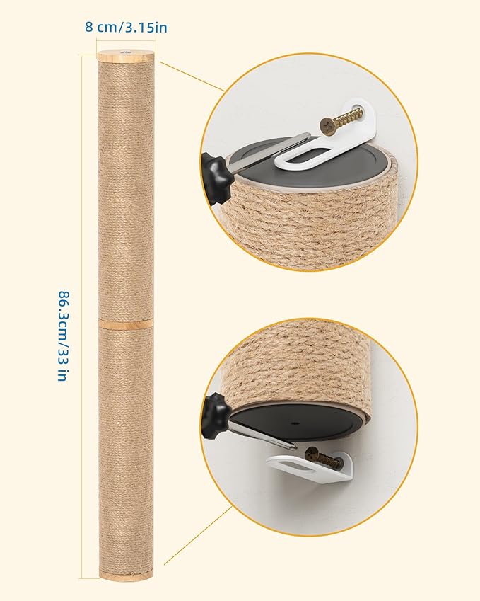 68" Wall Mounted Cat Scratcher, 2-Pcs of 34inch Tall Sisal Scratching Posts, Wall Mounted Cat Pole for Indoor Large Adult Cats Climb Stretch Play, Wooden