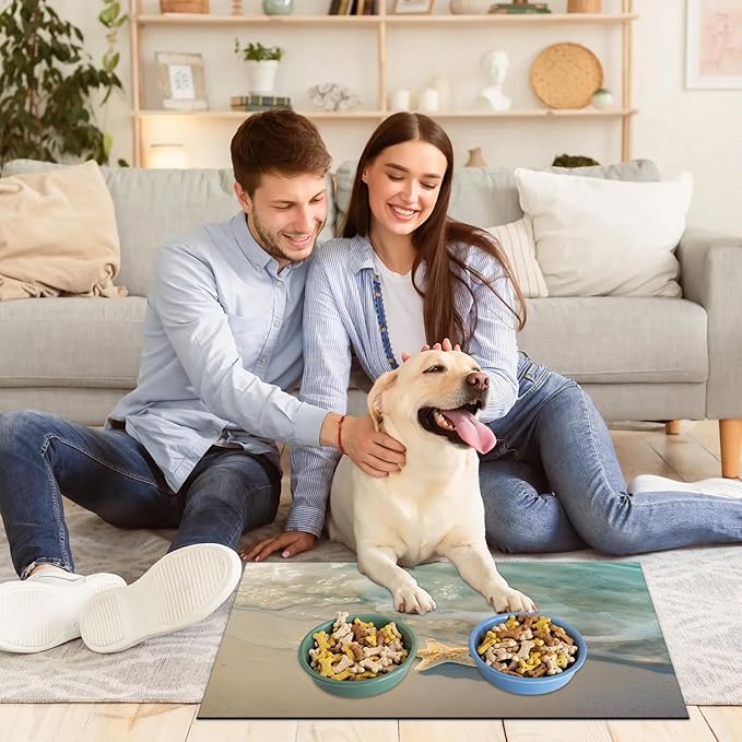 Starfish Dog Food Mat for Floors Absorbent, Quick Dry Water Dispenser Mat for Food, Water, Pet Supplies 17" x 30", Ocean Beach