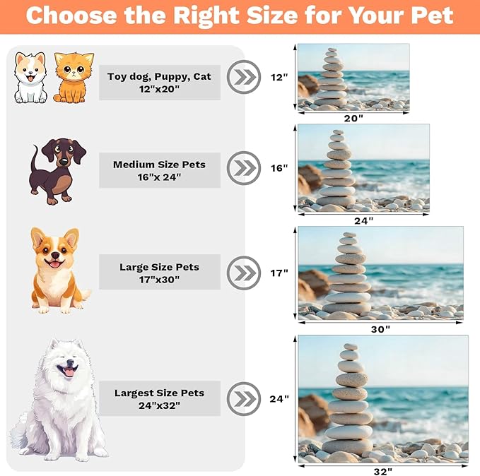 Stone Dog Food Mat for Floors Absorbent, Quick Dry Water Dispenser Mat for Food, Water, Pet Supplies 17" x 30", Beach Ocean