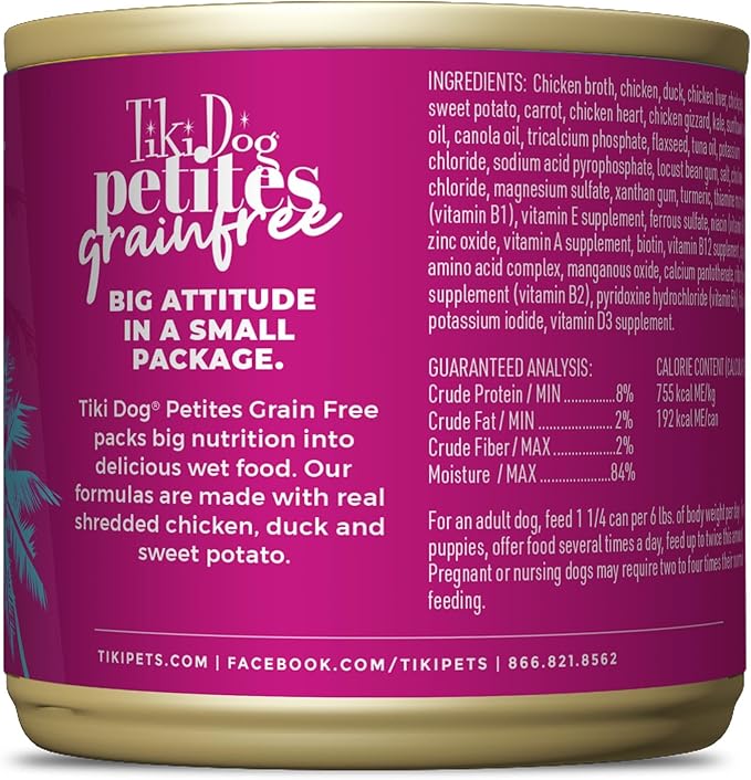Tiki Dog Petites Grain Free Wet Dog Food, Chicken & Duck, Nutrient Dense Meat, for All Ages and Breeds, 9 oz. Can (8 Count)