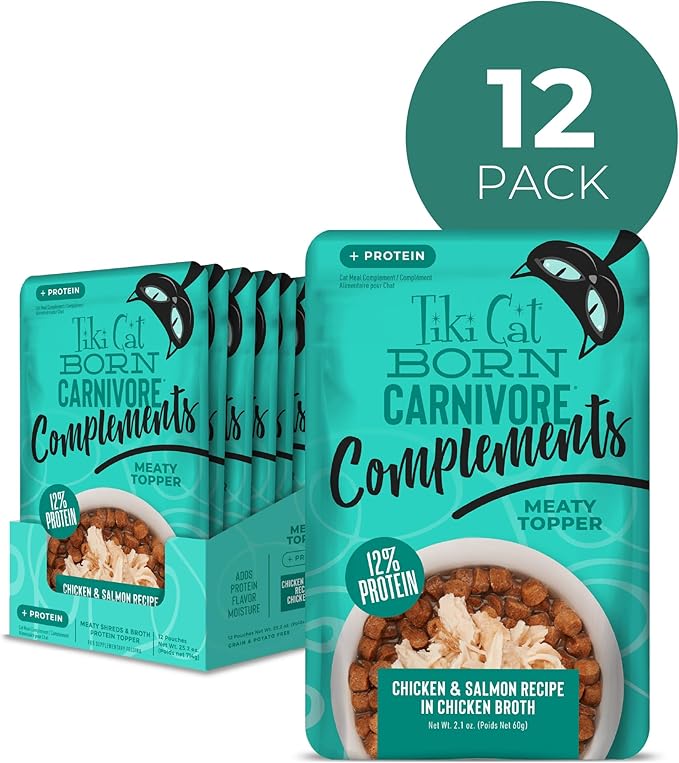 Tiki Cat Born Carnivore Complements Wet Cat Food Topper, Chicken & Salmon 2.1 oz. Pouch (12 Count)