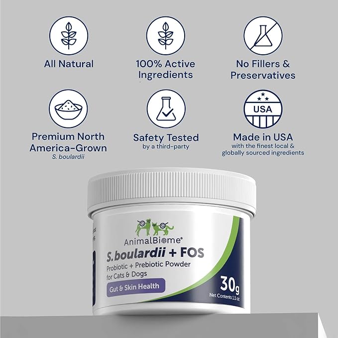 AnimalBiome Pet Probiotics - S. boulardii + FOS Probiotic and Prebiotic Powder for Dogs and Cats 30g