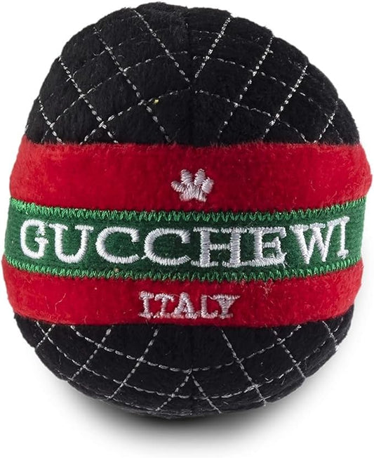 Dog Diggin Designs Gucchewi Plush Squeaky Dog Toy Ball | Luxury-Inspired Parody Designer Ball with Squeaker, Soft Plush Fetch Dog Toy – Prêt-à-Porter Play!