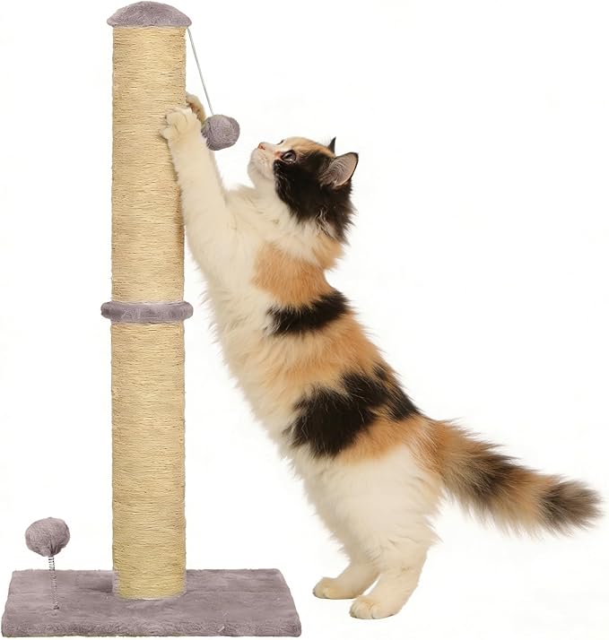 22" Small Cat Scratching Post, 3-in-1 Durable Sisal Vertical Cat Scratcher Post with Hanging Ball, Sturdy Cat Scratch Pole with Soft Fabric Base for Kittens or Smaller Cats, Light Gray